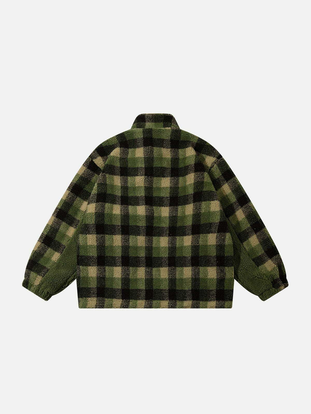 Y2K Colorblock Plaid Sherpa Coat - Retro 90s Grunge Style for Summer Parties & Outfits