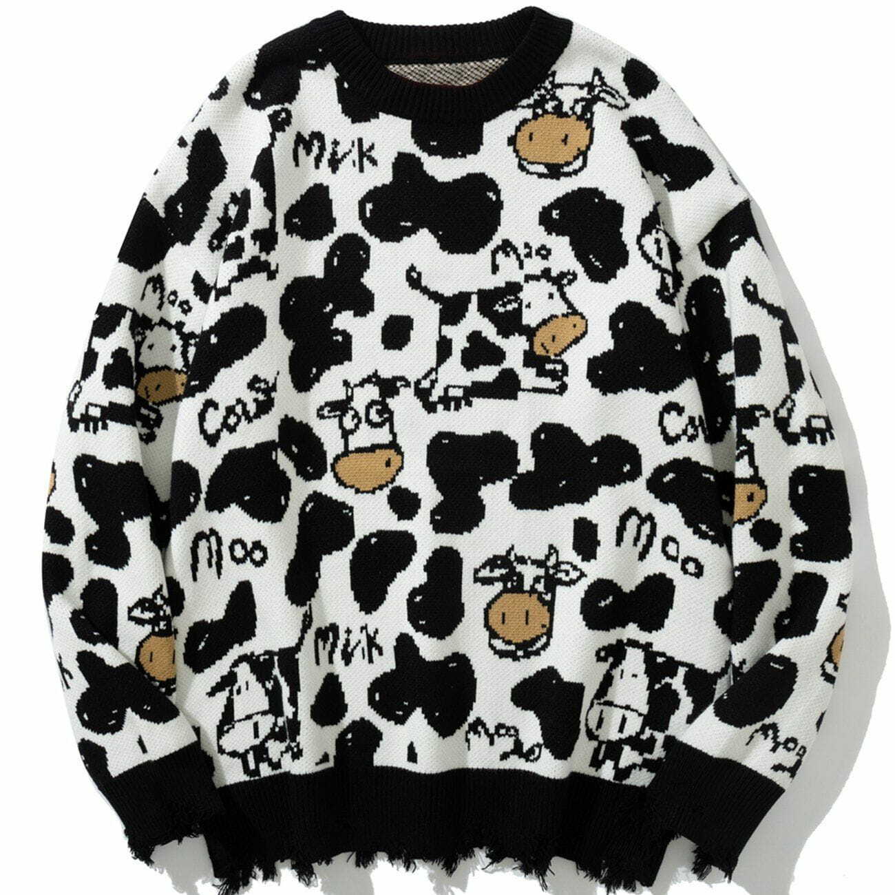 Y2K Cow Embroidered Knit Sweater - Retro 90s Grunge Top for Summer Party Outfits