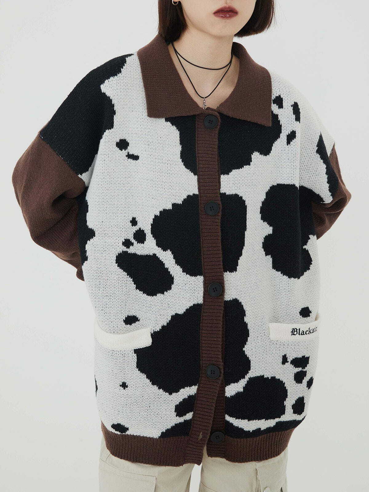 Y2K Cow Print Polo Collar Cardigan - Retro 90s Grunge Summer Outfit for Trendy Women