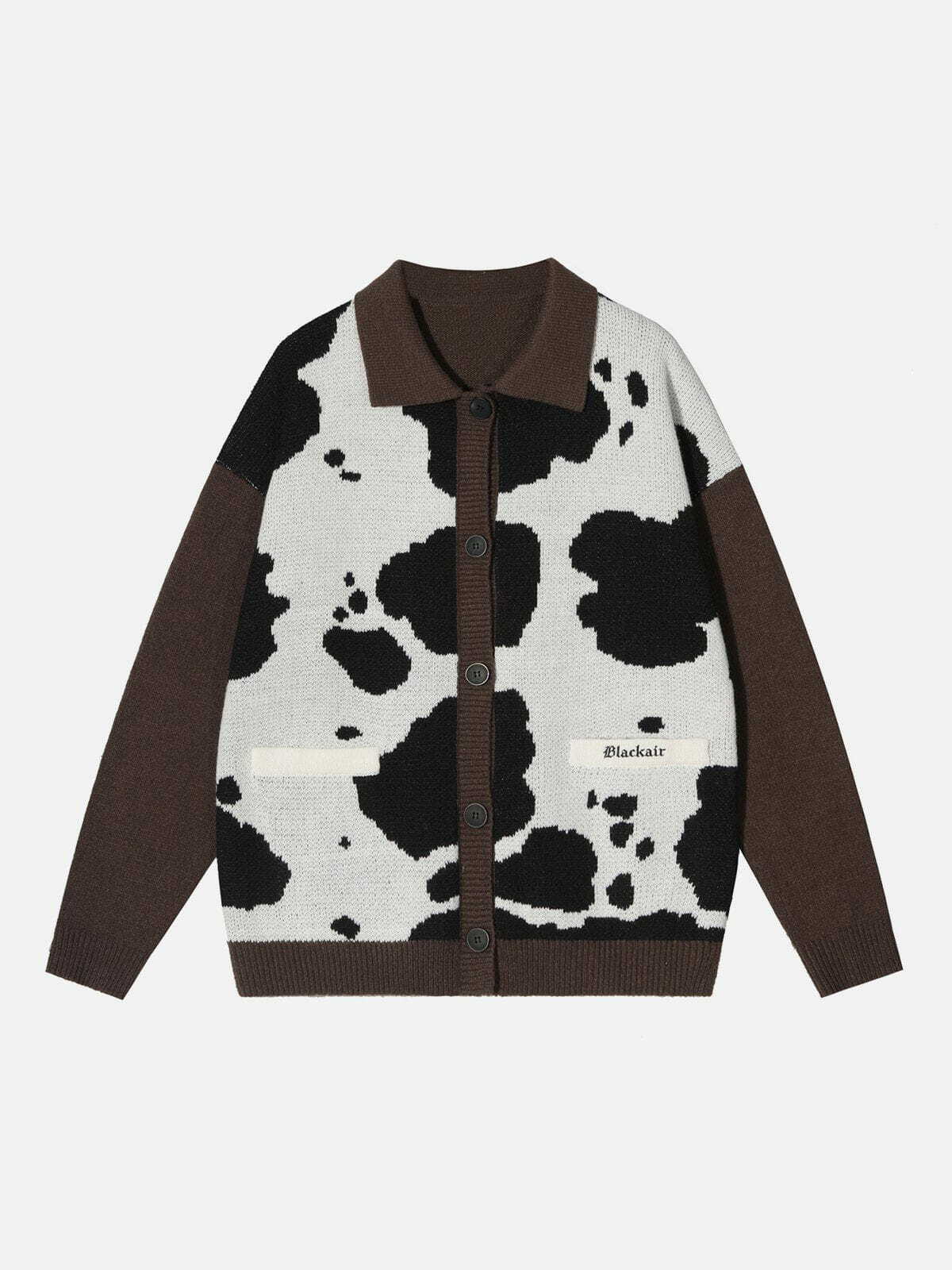 Y2K Cow Print Polo Collar Cardigan - Retro 90s Grunge Summer Outfit for Trendy Women