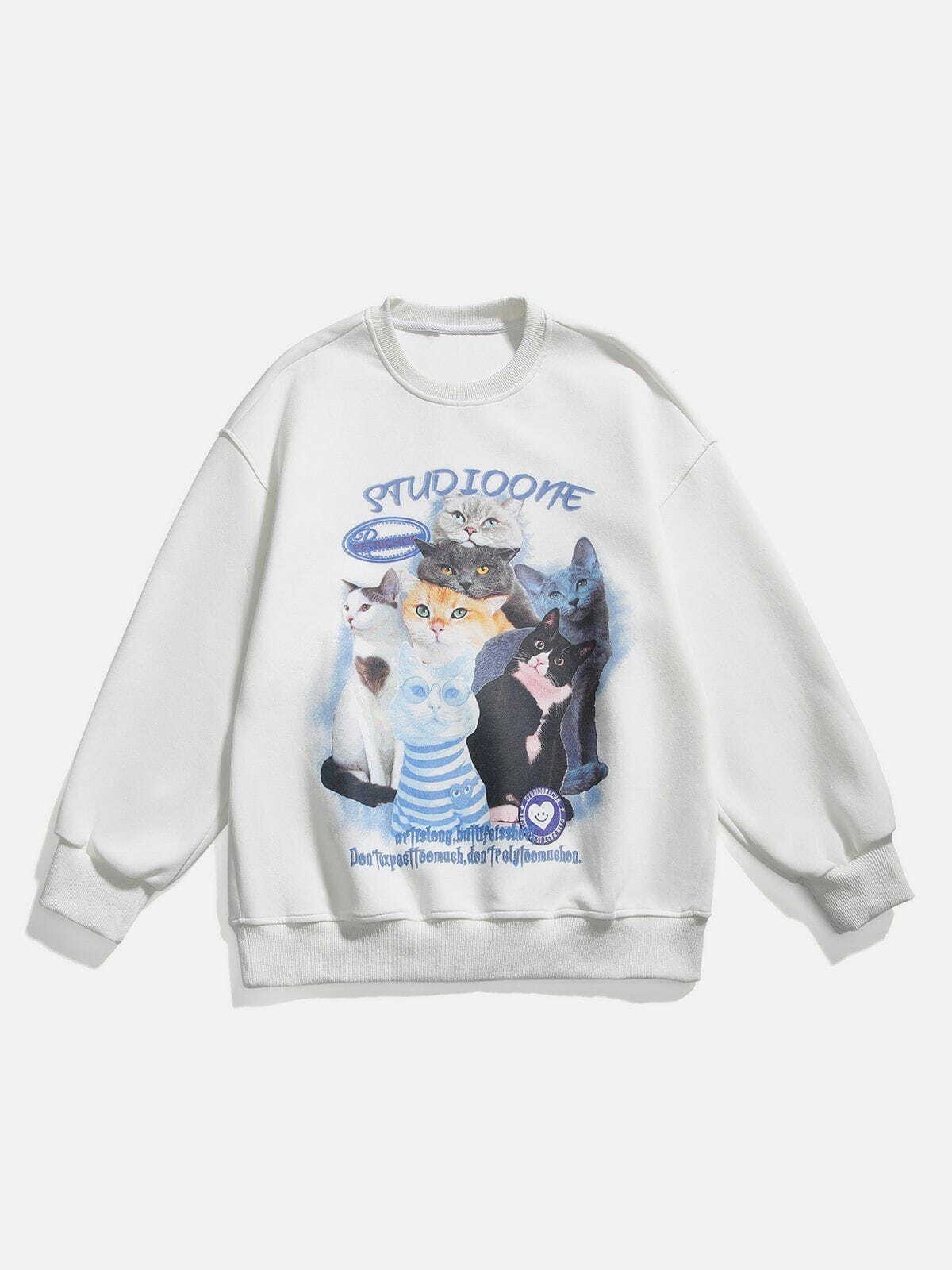 Y2K Cute Cat Print Sweatshirt - Retro 90s Grunge Style for Summer Outfits & Parties