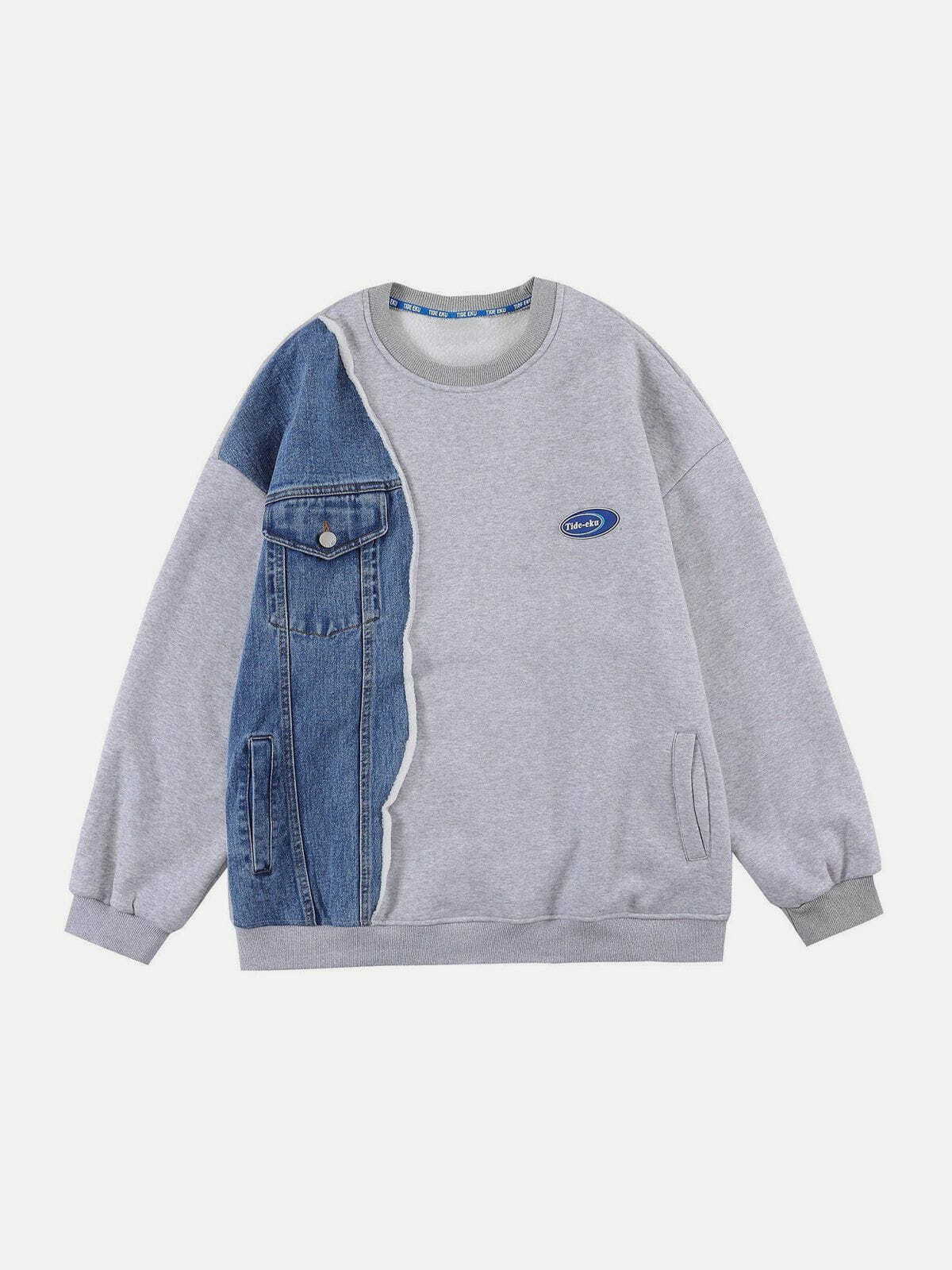 Y2K Denim Pocket Patchwork Sweatshirt - Retro 90s Grunge Style for Summer Outfits