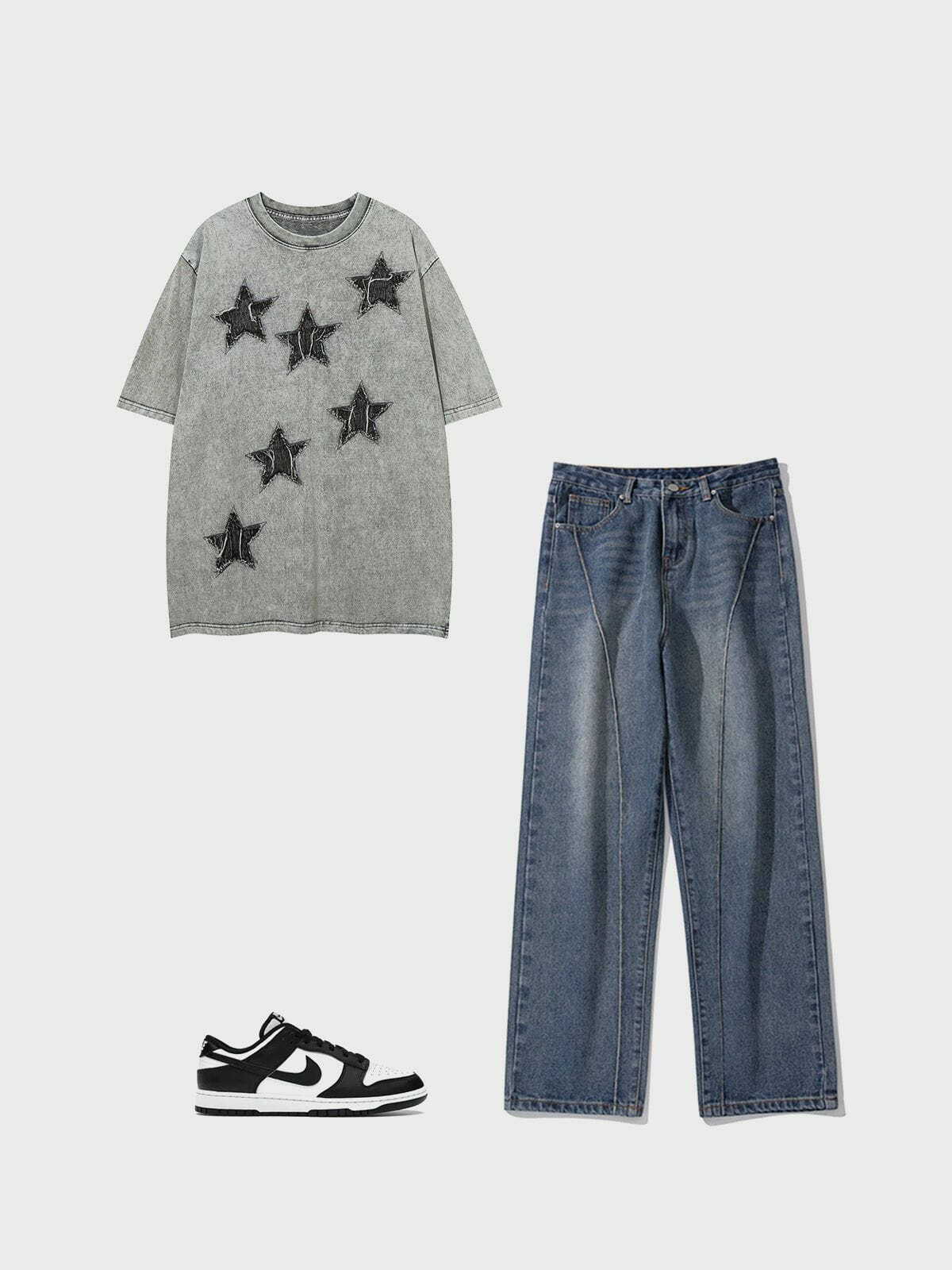 Y2K Denim Star Patchwork Washed Tee - Retro 90s Grunge Summer Outfit for Women