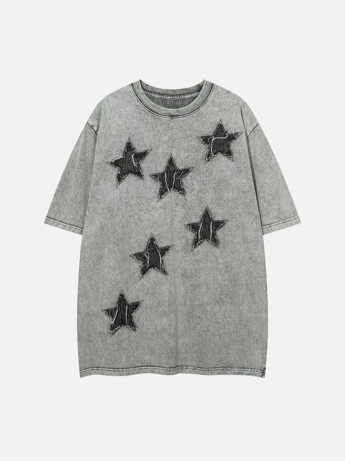 Y2K Denim Star Patchwork Washed Tee - Retro 90s Grunge Summer Outfit for Women