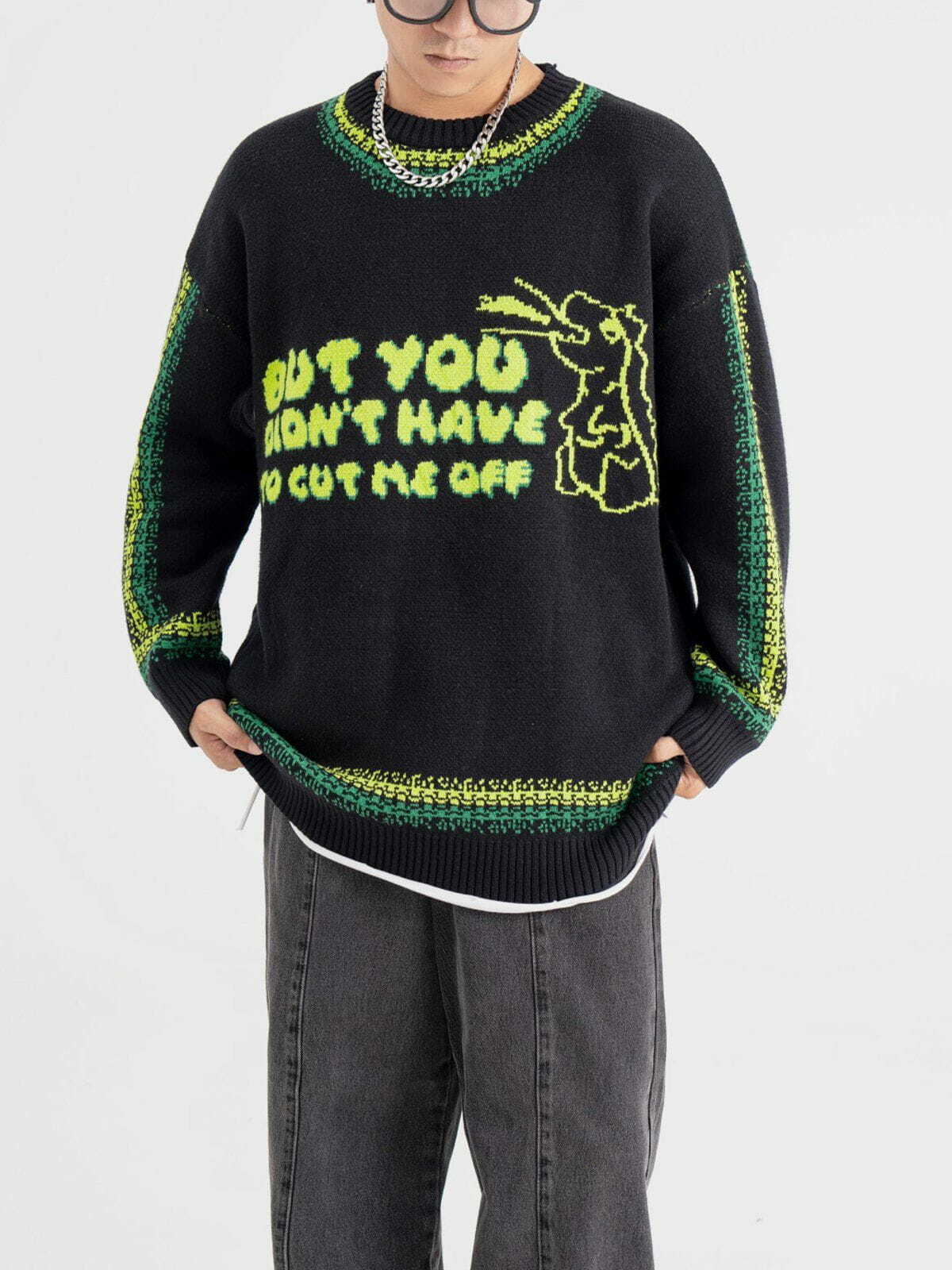 Y2K Dinosaur Embroidery Sweater - Retro 90s Grunge Outfit for Summer Parties & Festivals