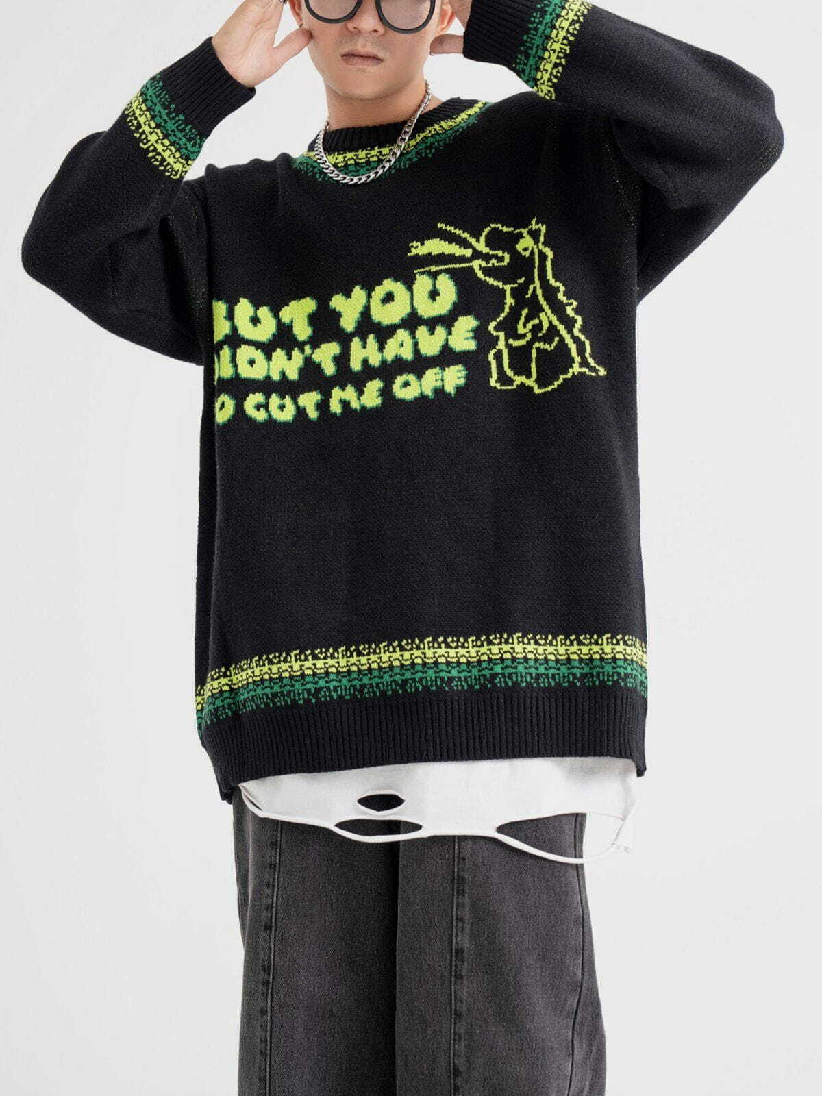 Y2K Dinosaur Embroidery Sweater - Retro 90s Grunge Outfit for Summer Parties & Festivals