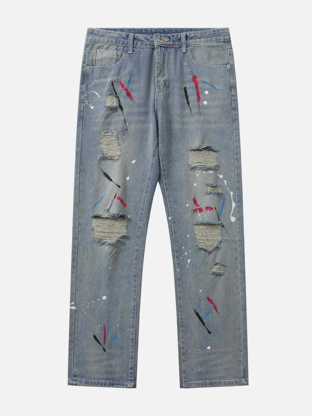 Y2K Distressed Graffiti Jeans - Retro 90s Grunge Outfit for Summer Parties & Clubbing