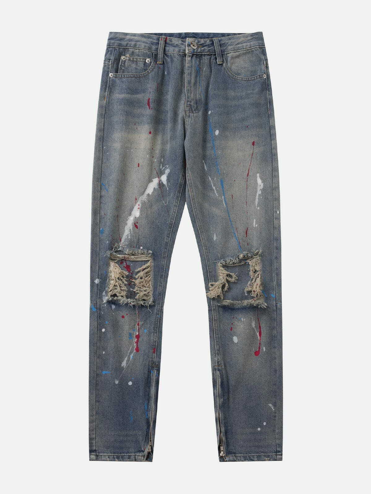 Y2K Distressed Splashed Ink Graffiti Jeans - Retro 90s Grunge Outfit Essential