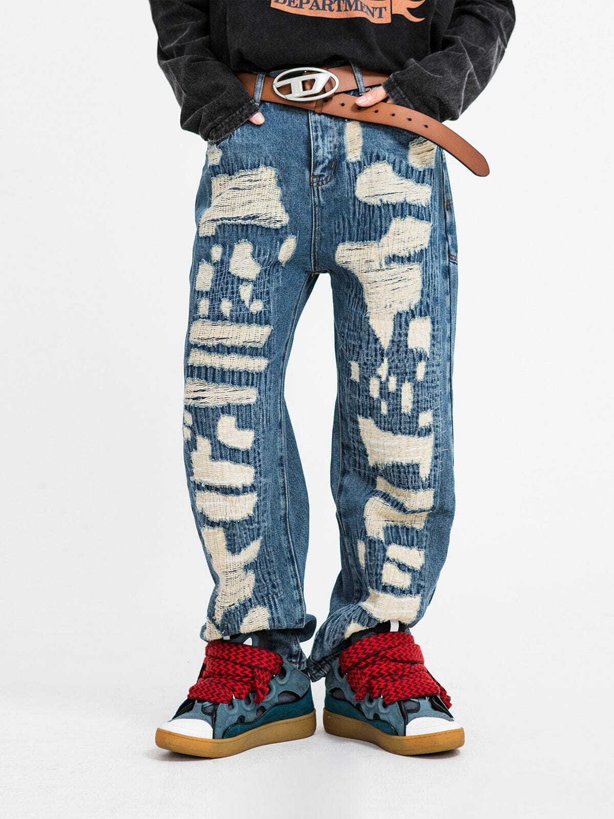 Y2K Distressed Stitched Patched Jeans - Retro 90s Grunge Outfit for Summer Parties