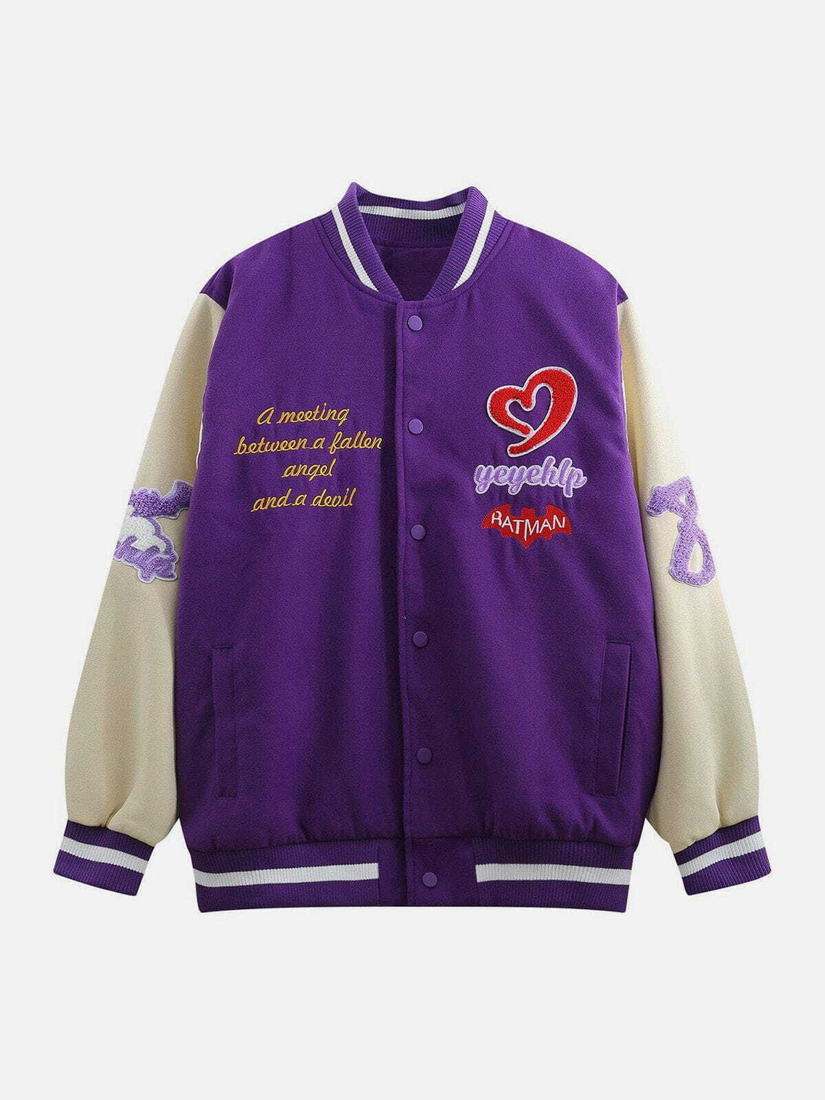 Y2K Embroidered Angel Demon Varsity Jacket - Retro 90s Grunge Summer Outfit for Women