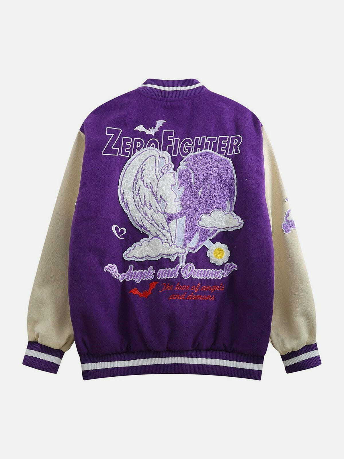 Y2K Embroidered Angel Demon Varsity Jacket - Retro 90s Grunge Summer Outfit for Women