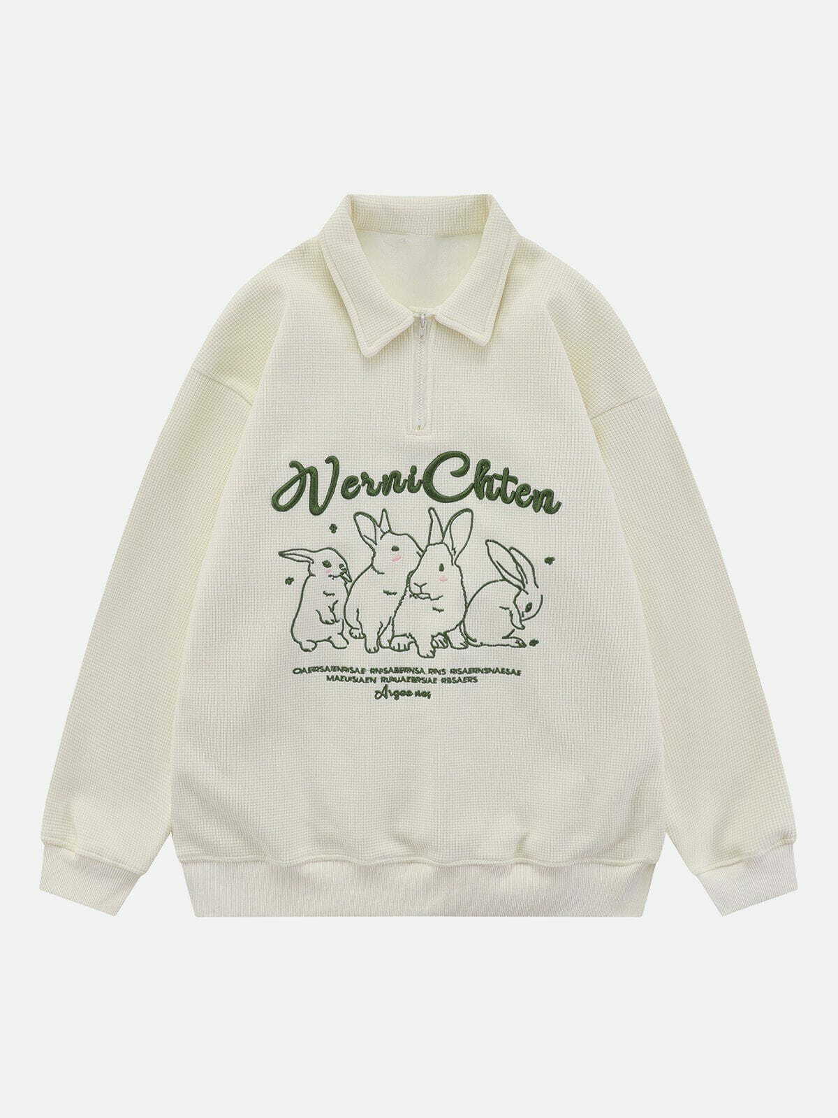 Y2K Embroidered Bunny Waffle Polo Sweatshirt - Retro 90s Grunge Summer Outfit Essential