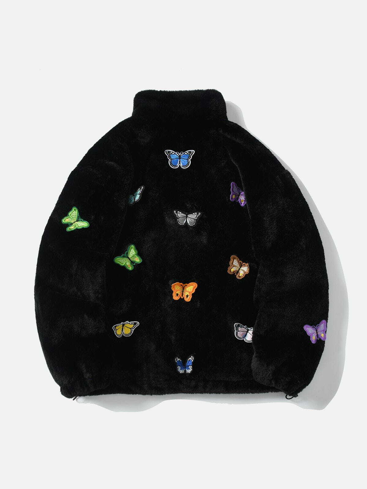 Y2K Embroidered Butterfly Sherpa Jacket - Retro Grunge 90s Fashion for Summer Outfits