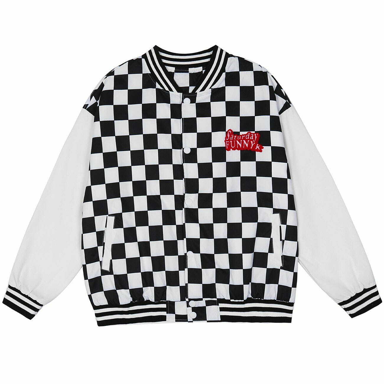 Y2K Embroidered Check Varsity Jacket - Retro 90s Grunge Style for Summer Outfits