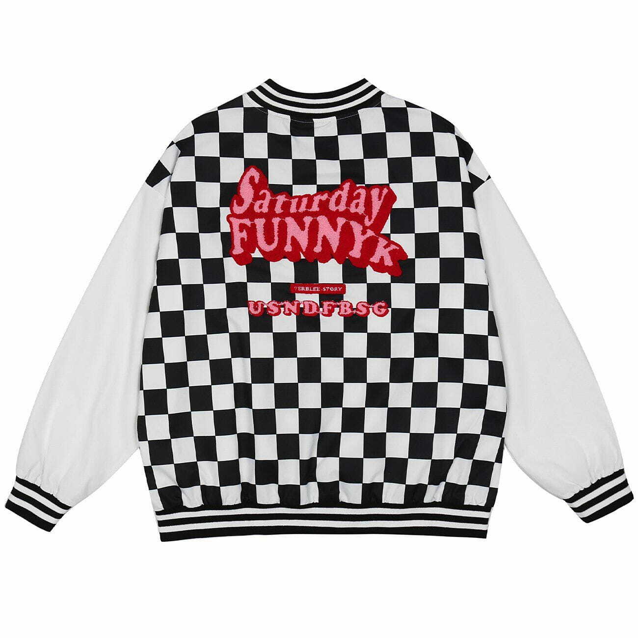 Y2K Embroidered Check Varsity Jacket - Retro 90s Grunge Style for Summer Outfits