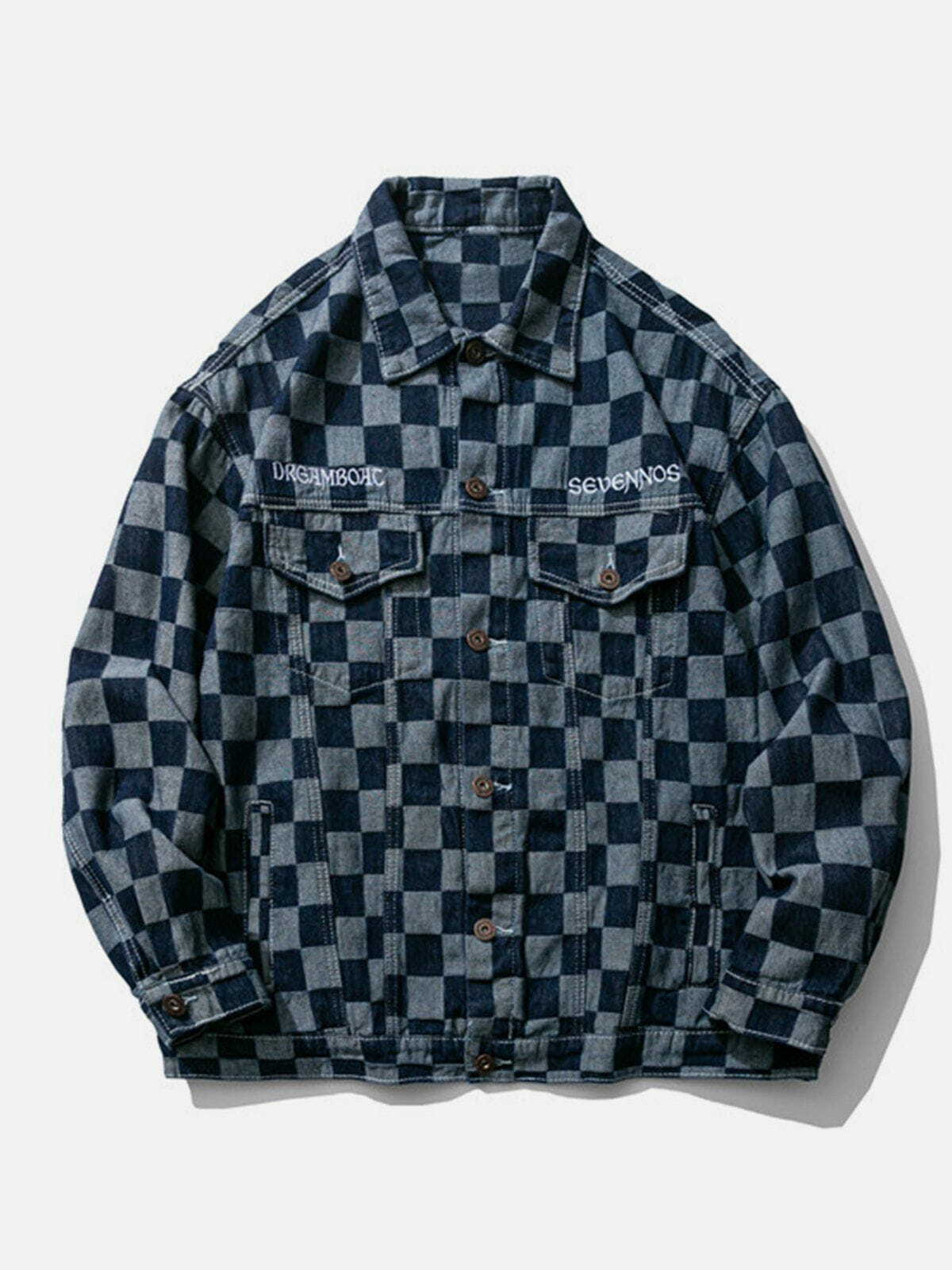 Y2K Embroidered Checkerboard Panel Jacket - Retro Grunge 90s Fashion Statement Piece