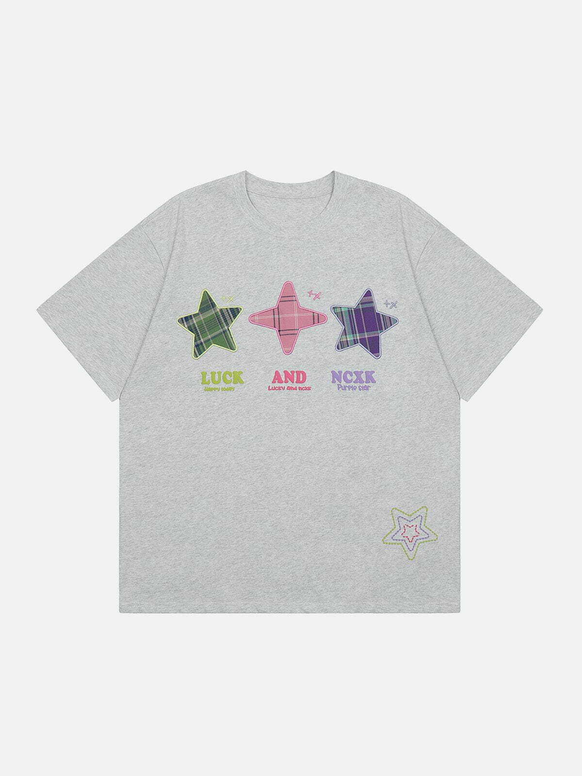 Y2K Embroidered Foam Star Tee - Retro 90s Grunge Top for Summer Party Outfits