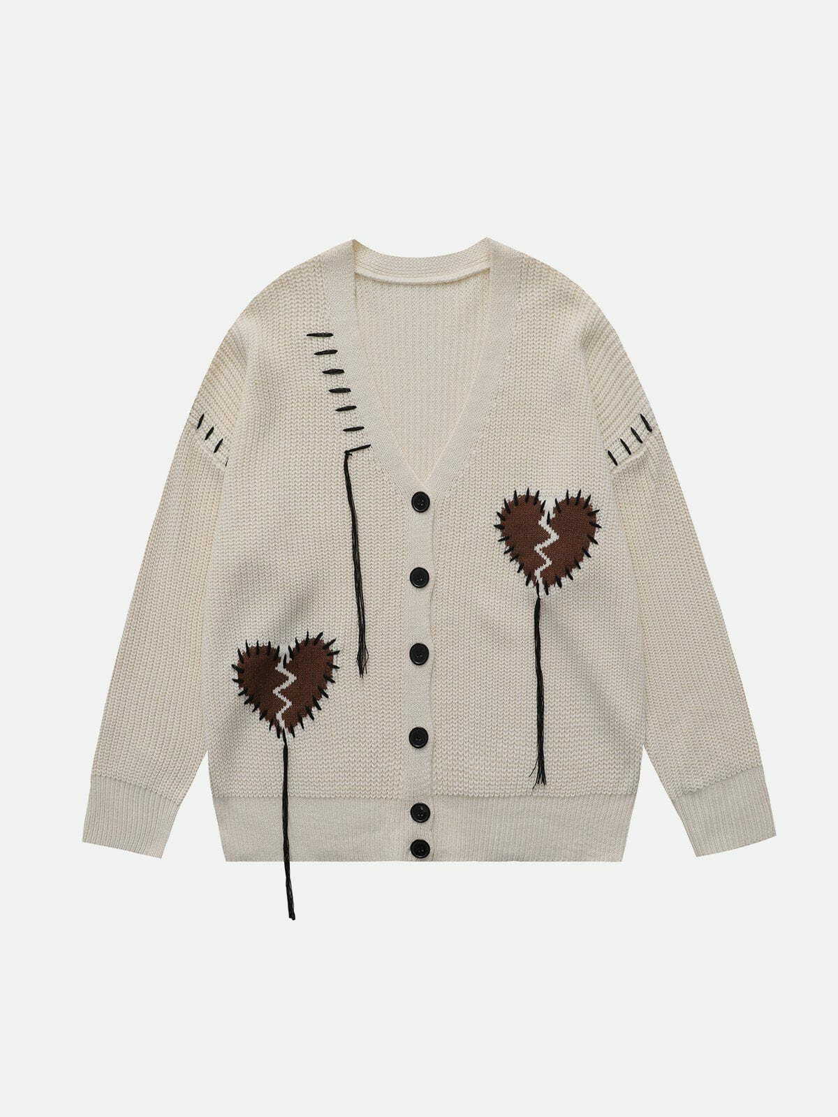 Y2K Embroidered Heart Fringe Cardigan - Retro Grunge Summer Outfit for Y2K Vibes