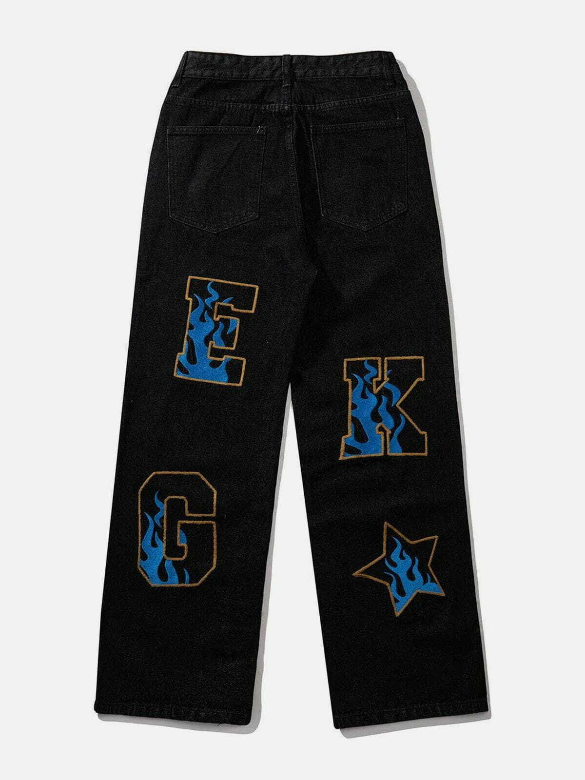 Y2K Embroidered Letter Jeans - Retro 90s Grunge Outfit for Summer Parties & Clubbing