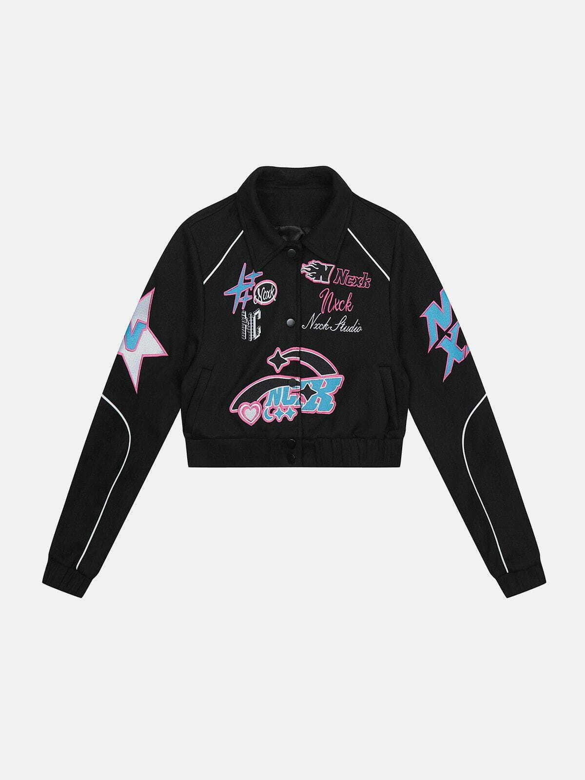 Y2K Embroidered Letter Racing Jacket - Retro 90s Grunge Outfit for Summer Parties