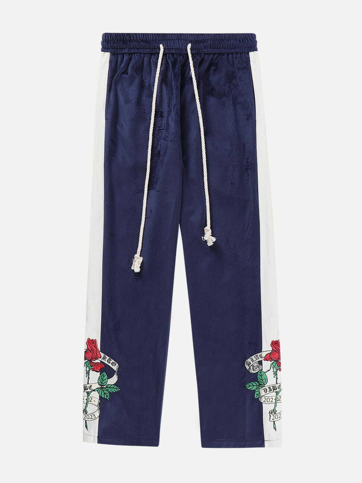 Y2K Embroidered Rose Drawstring Pants - Grunge Summer Outfit, Retro 90s Style, Y2K Fit