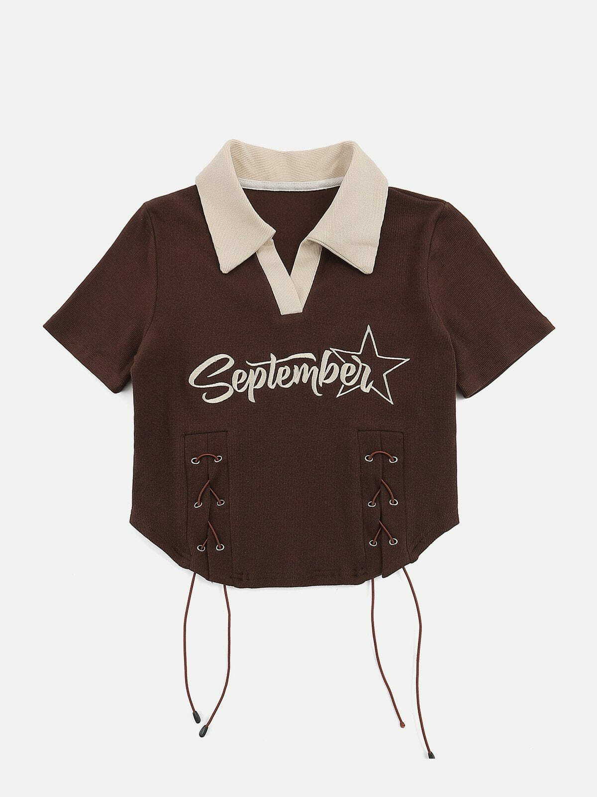 Y2K Embroidered Side Drawstring Star Tee - Retro 90s Grunge Summer Outfit Top