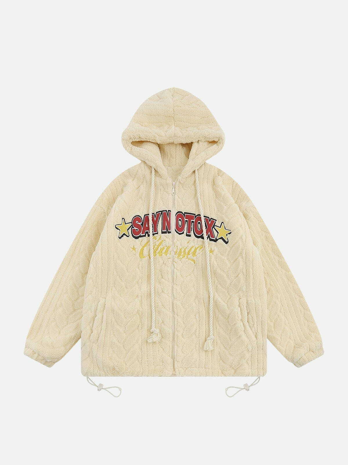 Y2K Embroidered Star Letter Sherpa Coat - Retro 90s Grunge Fashion for Summer Outfits