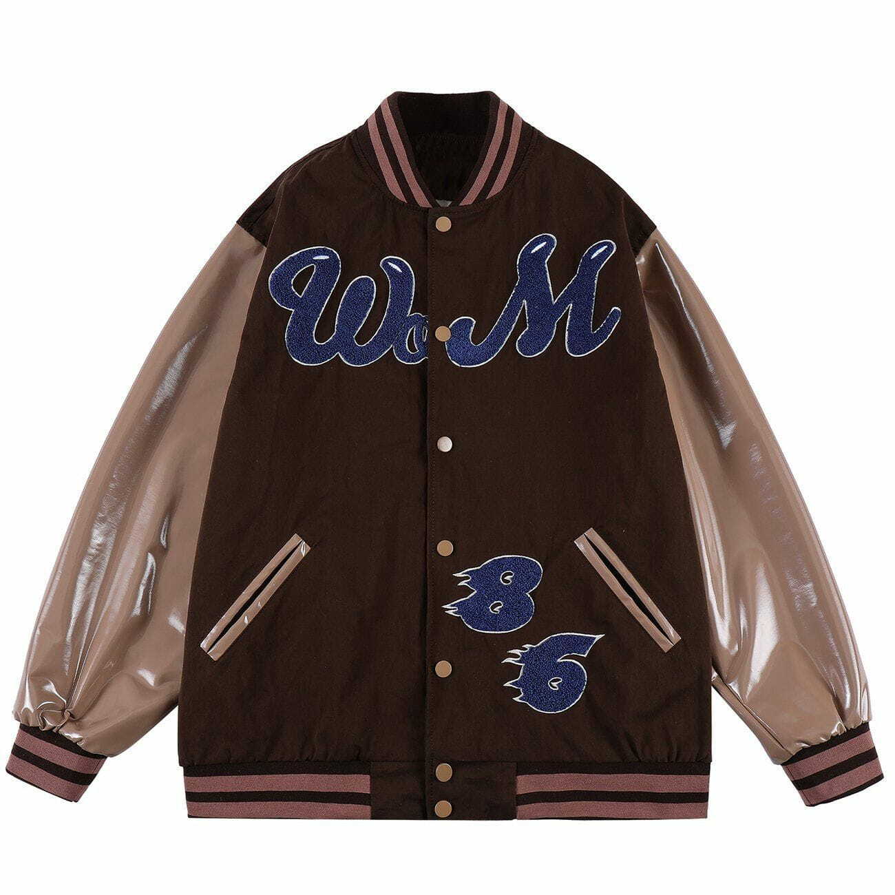 Y2K Embroidered Varsity Jacket with PU Sleeves - Retro 90s Grunge Summer Outfit