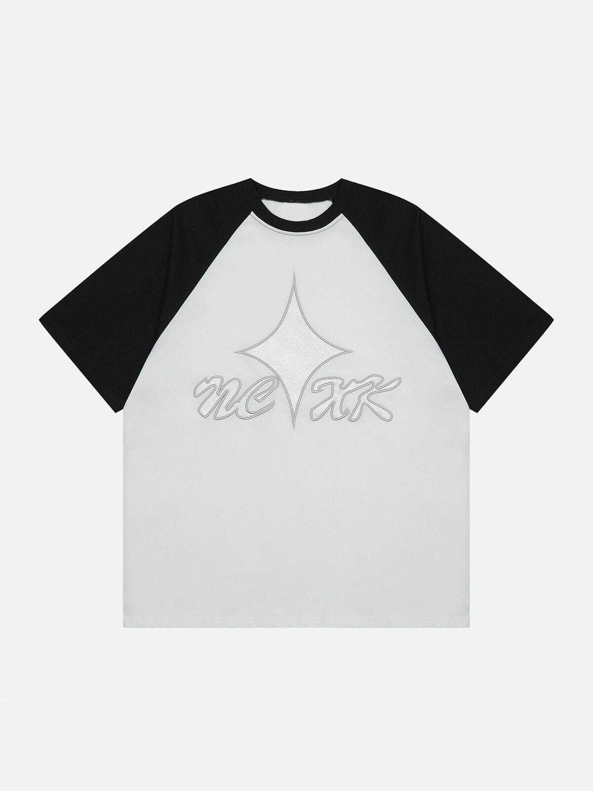 Y2K Embroidery Patchwork Sleeve Tee - Retro 90s Grunge Top for Summer Party Outfits