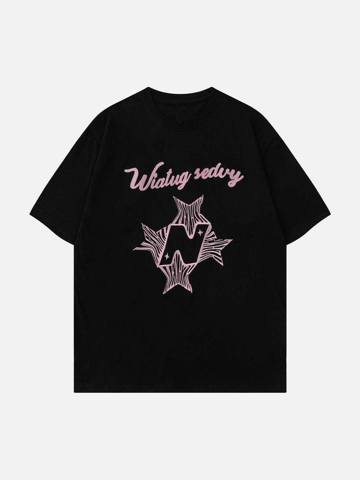 Y2K Embroidery Star N Tee - Retro 90s Grunge Top for Summer Party & Club Outfits