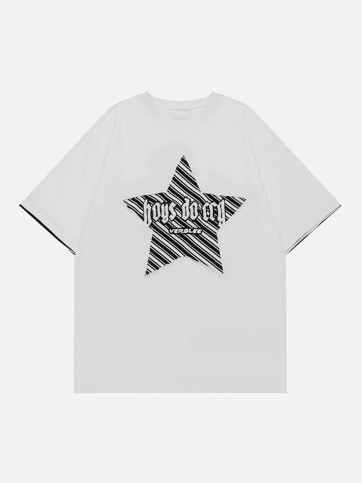 Y2K Embroidery Stripe Star Tee - Retro 90s Grunge Top for Summer Party Outfits