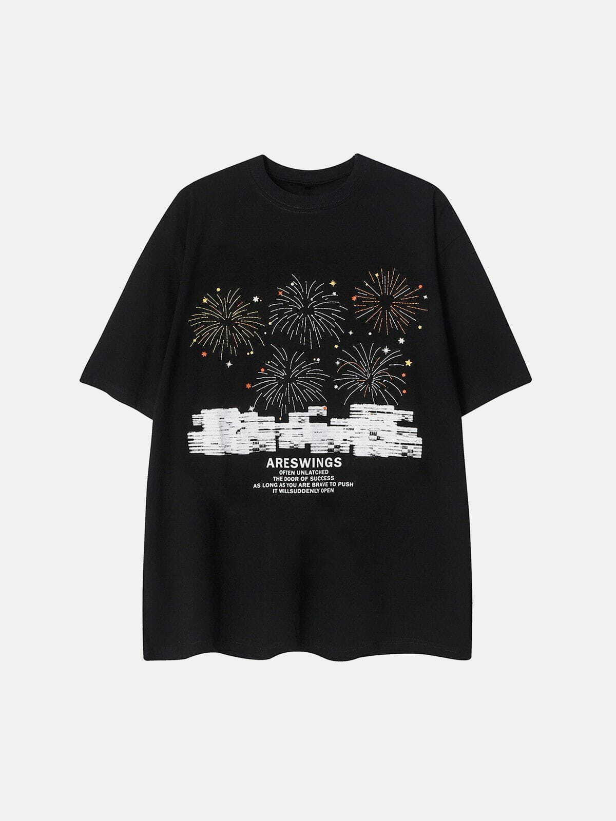 Y2K Fireworks Display Print Tee - Retro 90s Grunge Summer Outfit for Party & Club Vibes