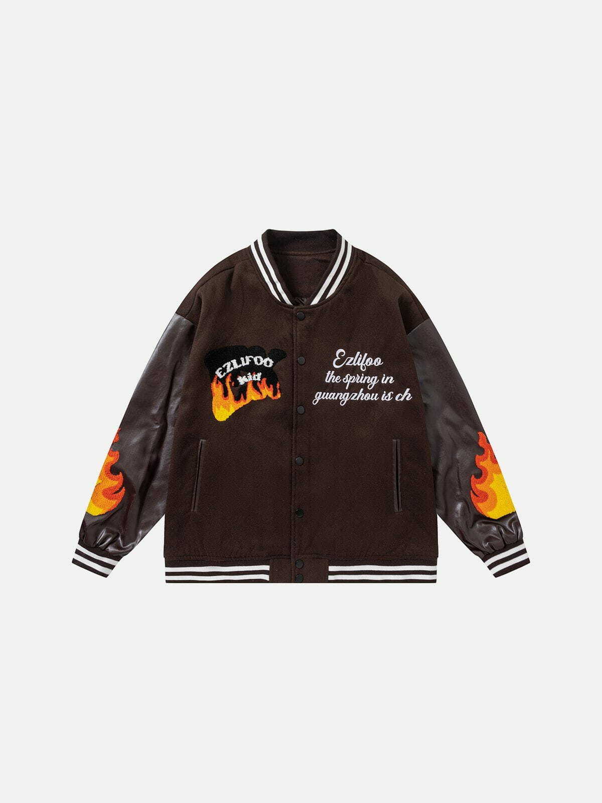 Y2K Flame Embroidery Varsity Jacket - Retro 90s Grunge Outfit for Summer Parties