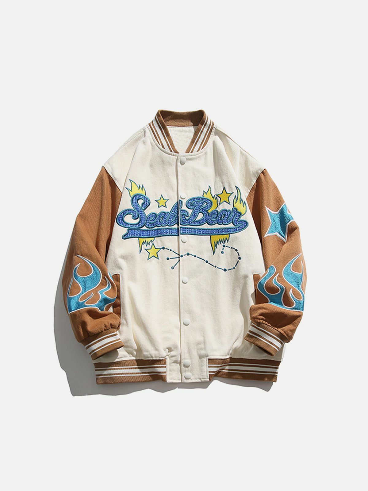 Y2K Flame Embroidery Varsity Jacket - Retro 90s Grunge Outfit for Summer Parties