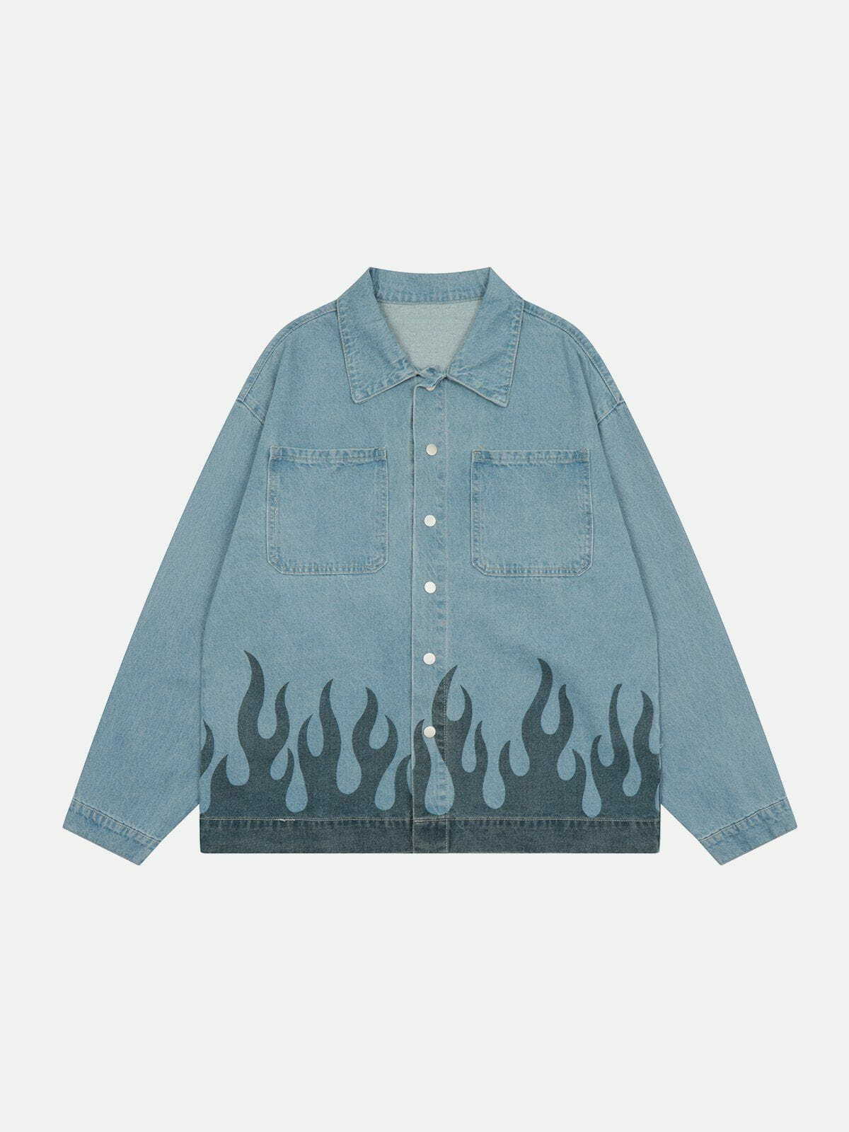 Y2K Flame Print Denim Jacket - Retro Grunge Style for Summer Parties & 90s Vibes