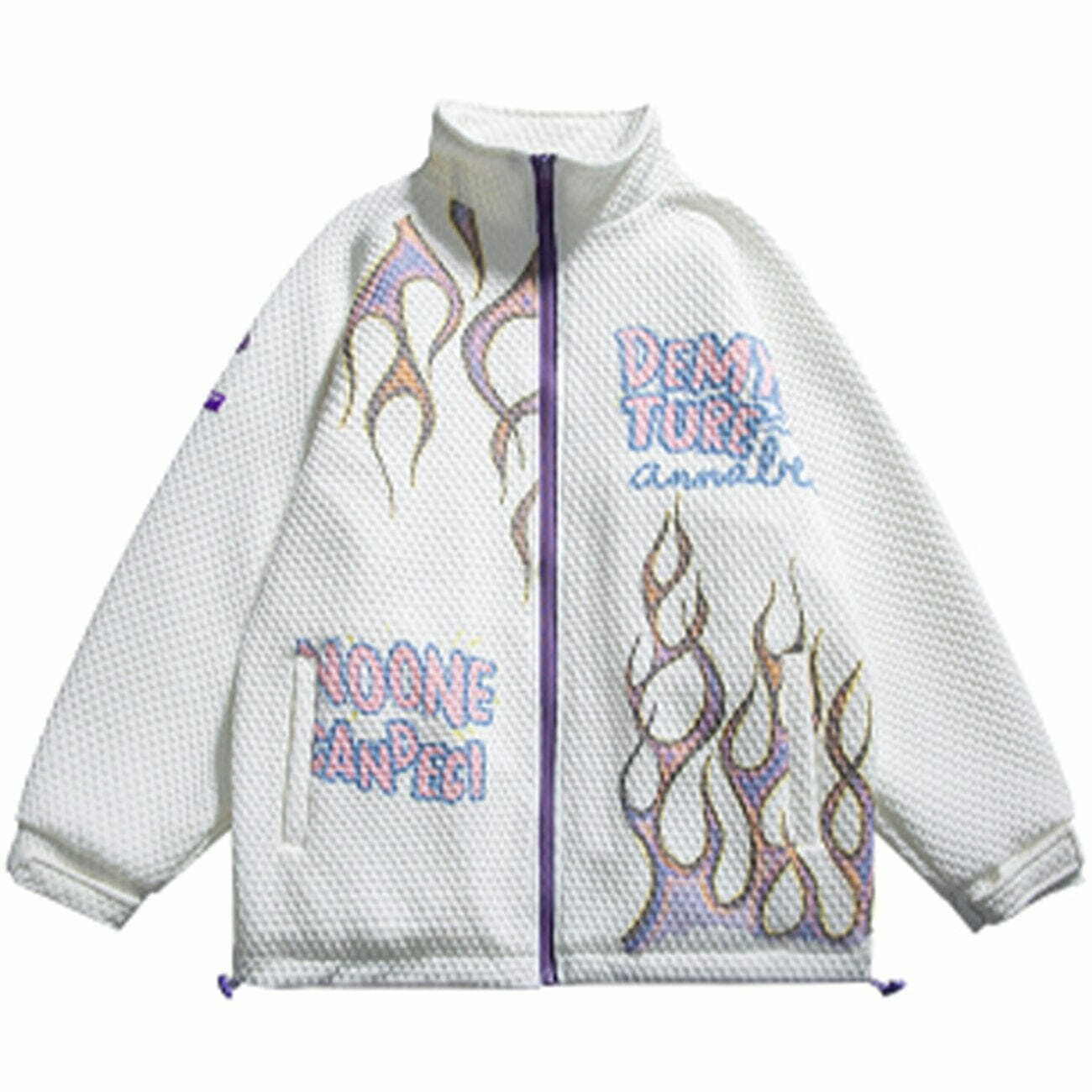 Y2K Flame Print Stand Collar Jacket - Retro 90s Grunge Summer Outfit for Women