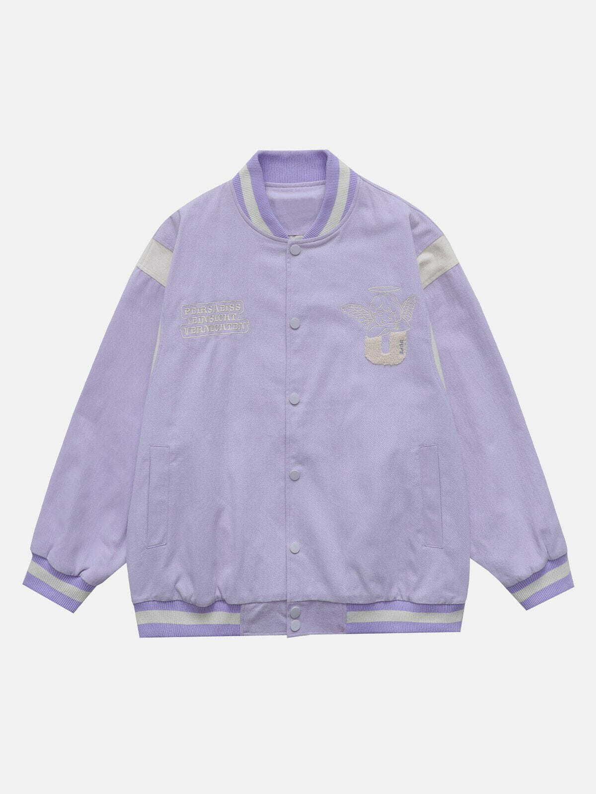 Y2K Flocked Heart Angel Varsity Jacket - Retro 90s Grunge Style for Summer Parties