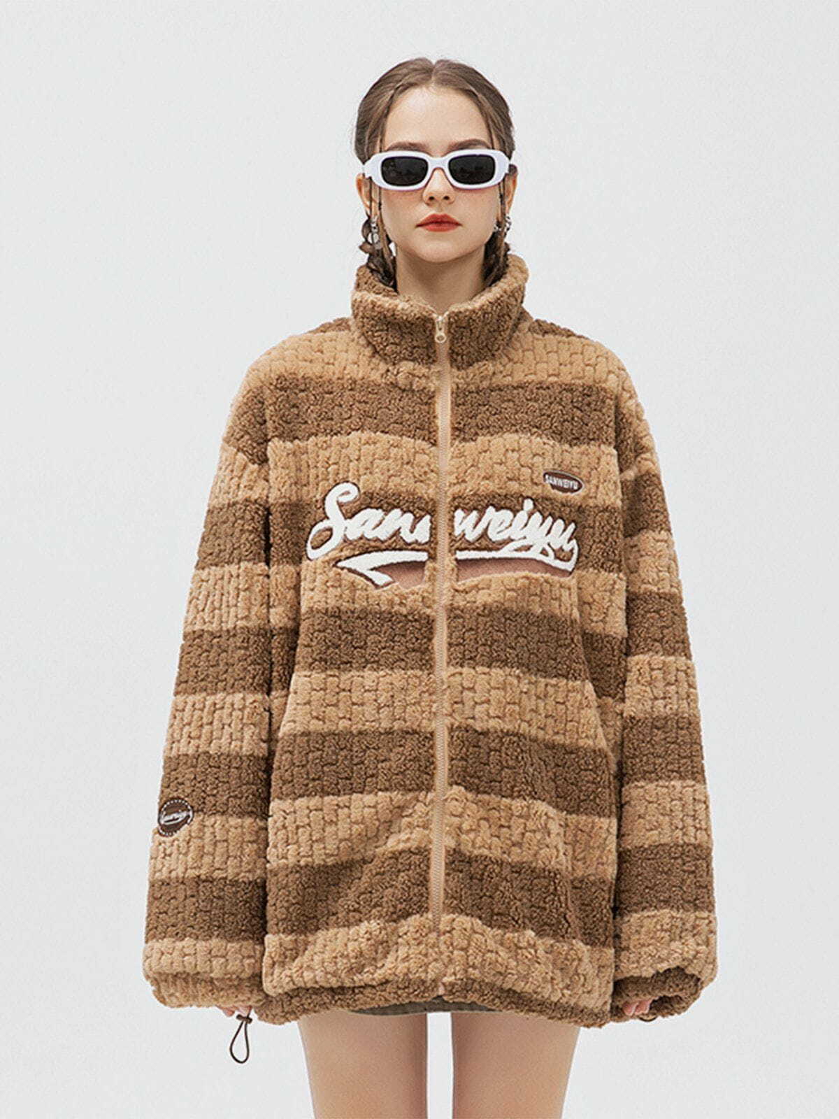 Y2K Flocked Letters Sherpa Coat - Retro 90s Grunge Style for Summer Parties & Outfits