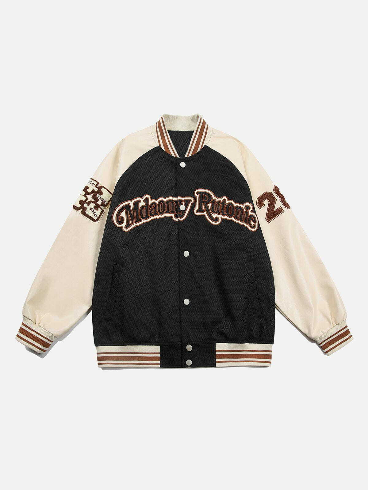 Y2K Flocked Patchwork Varsity Jacket - Retro 90s Grunge Style for Summer Parties