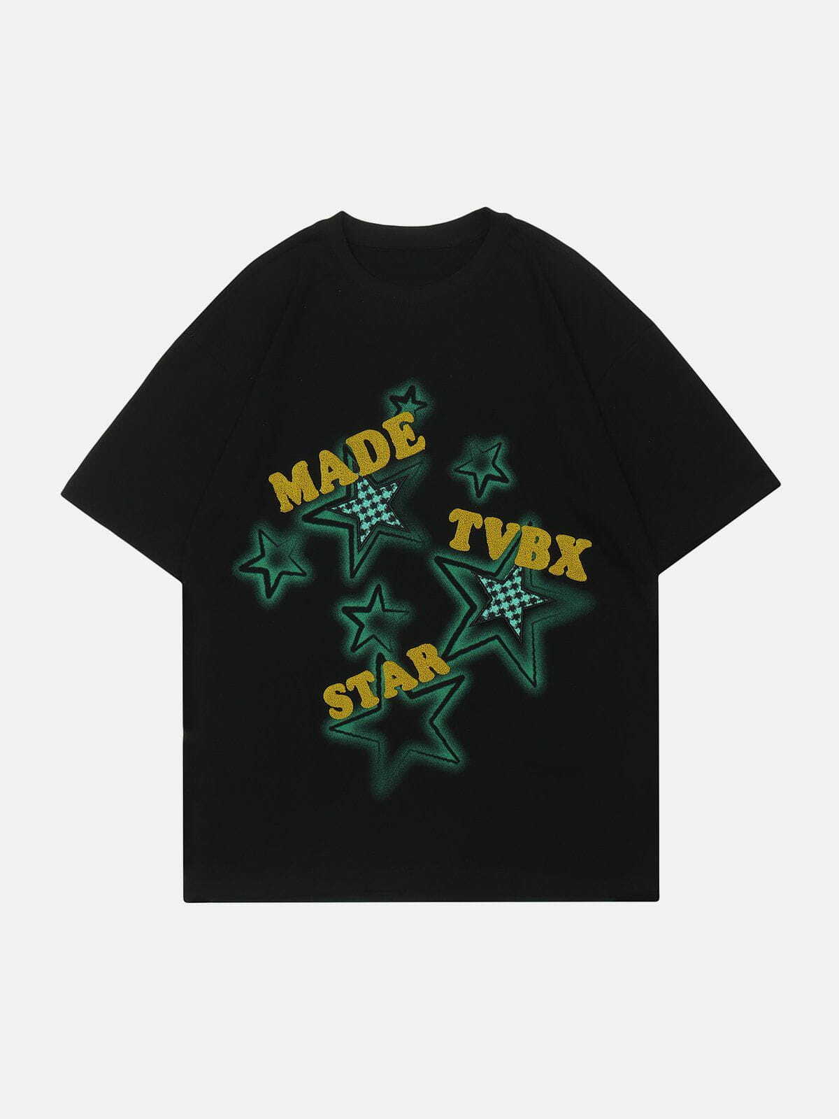 Y2K Flocked Plaid Star Letter Tee - Retro 90s Grunge Top for Summer Party Outfits