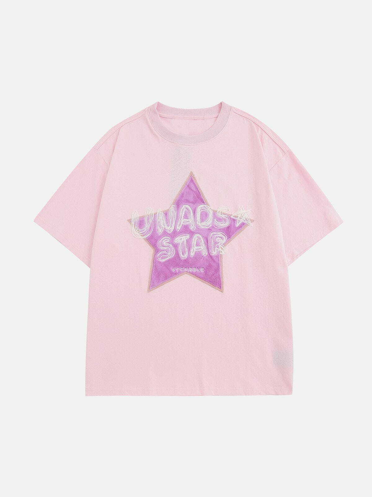 Y2K Flocking Star Embroidery Tee - Retro 90s Grunge Top for Summer Party Outfits