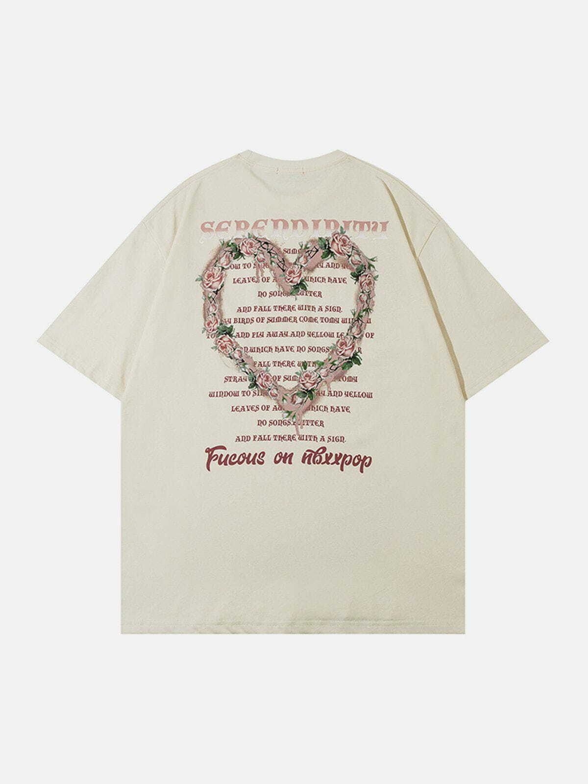 Y2K Floral Heart Letter Print Tee - Retro 90s Grunge Summer Outfit for Women