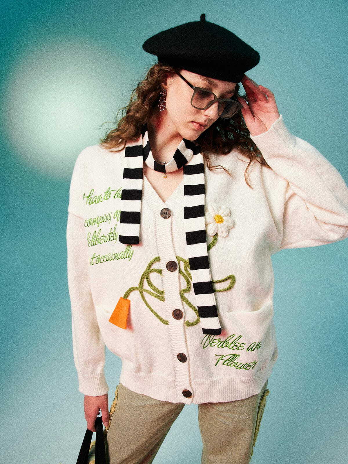 Y2K Flower Embroidery Graphic Cardigan - Retro 90s Grunge Summer Outfit for Women