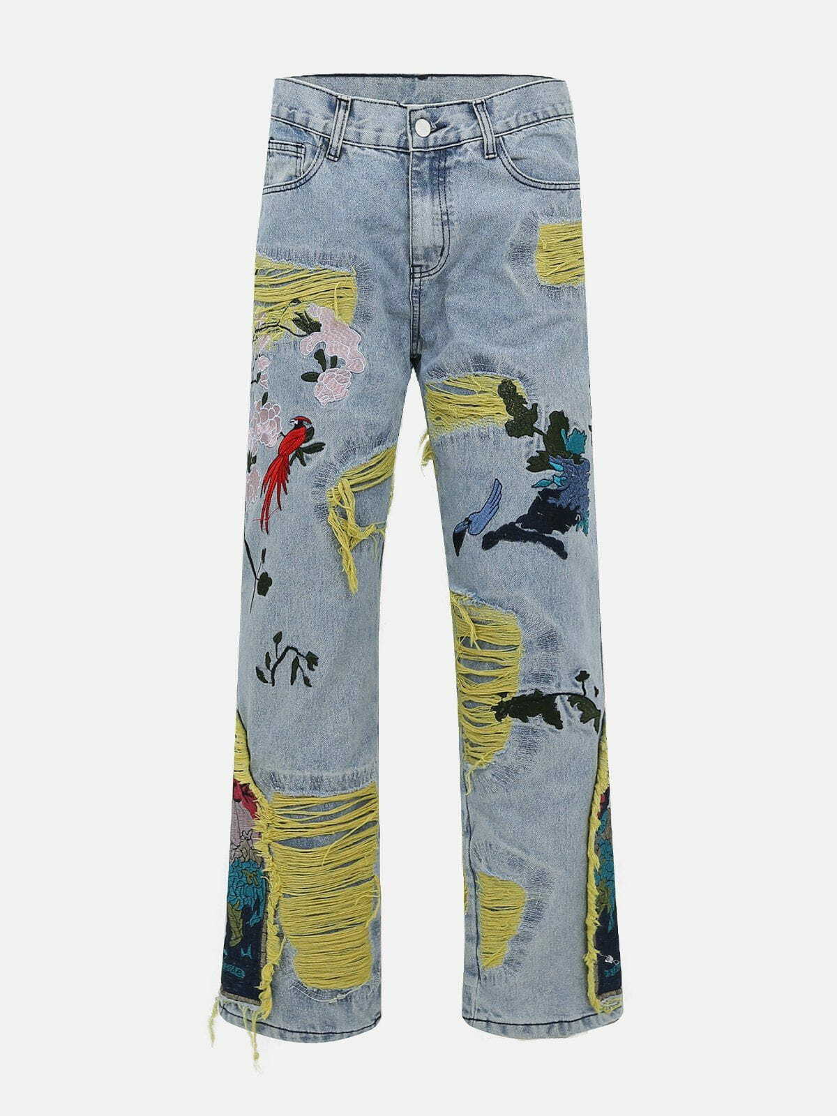 Y2K Flower Embroidery Jeans - Retro 90s Grunge Outfit for Summer Parties & Festivals