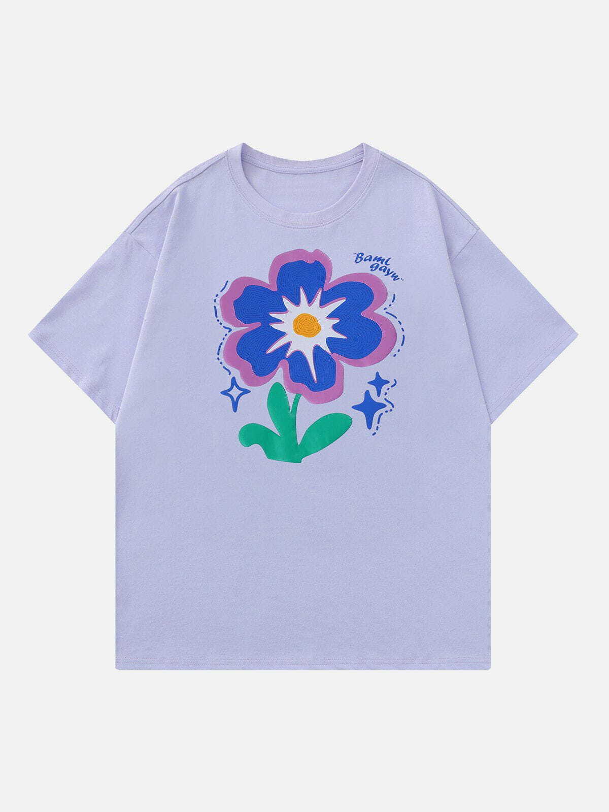 Y2K Flower Foam Embroidery Tee - Retro 90s Grunge Top for Summer Party Outfits