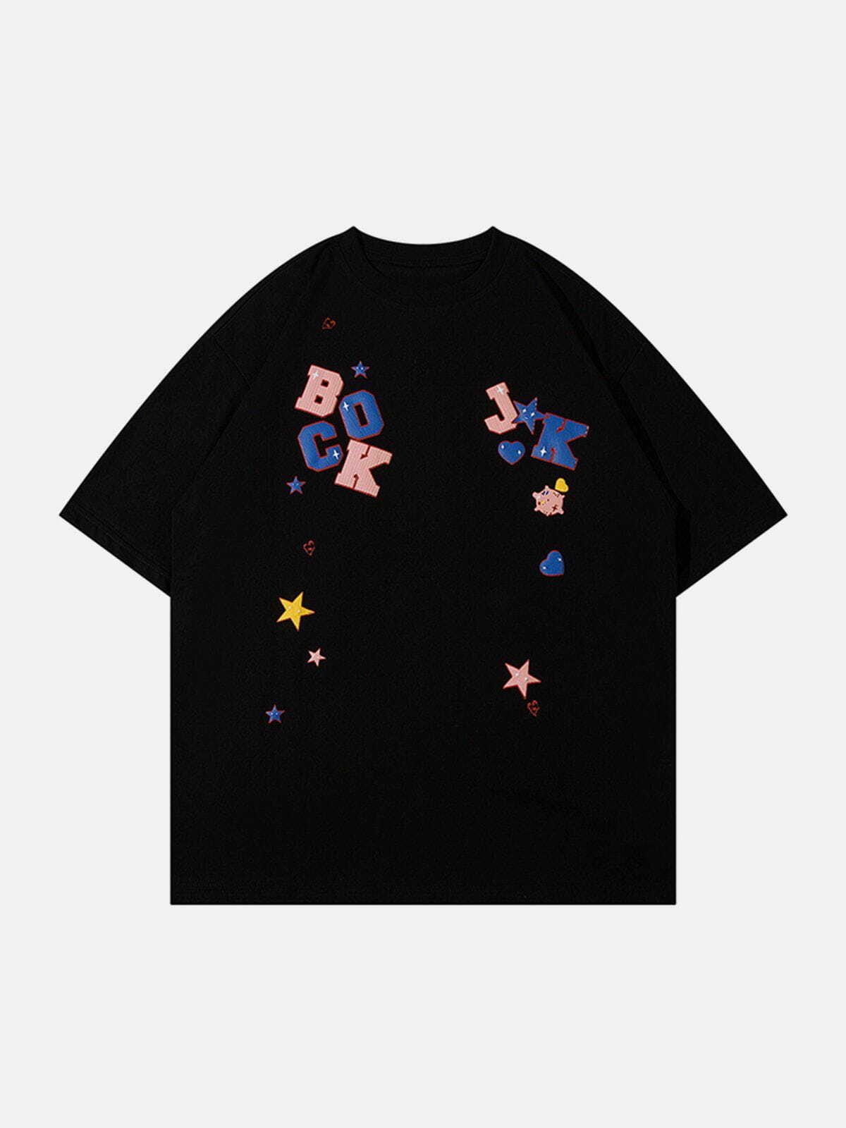 Y2K Foam Letter Star Print Tee - Retro 90s Grunge Top for Summer Party Outfits