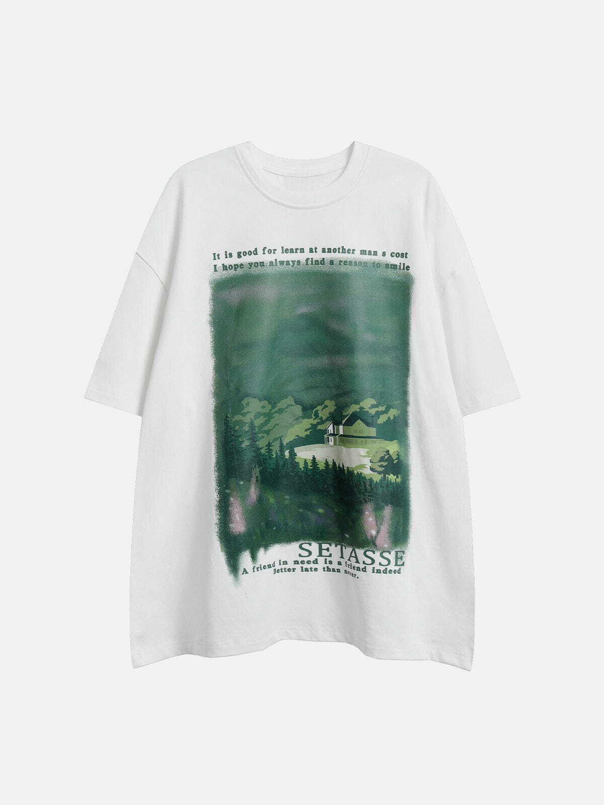 Y2K Forest House Print Tee - Retro 90s Grunge Summer Outfit for Y2K Fashion Lovers