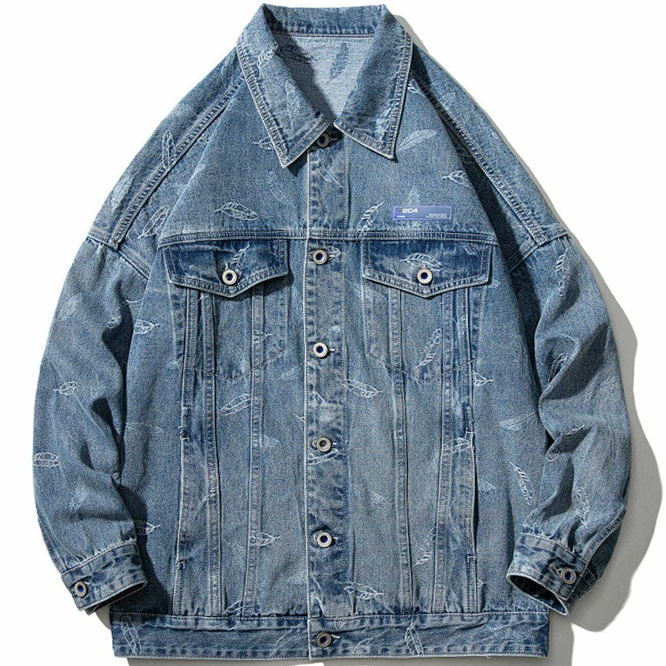 Y2K Full Leaf Print Denim Jacket - Retro 90s Grunge Summer Outfit for Women