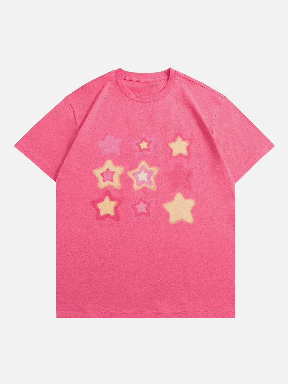 Y2K Fuzzy Star Print Tee - Retro 90s Grunge Top for Summer Party Outfits & Casual Looks