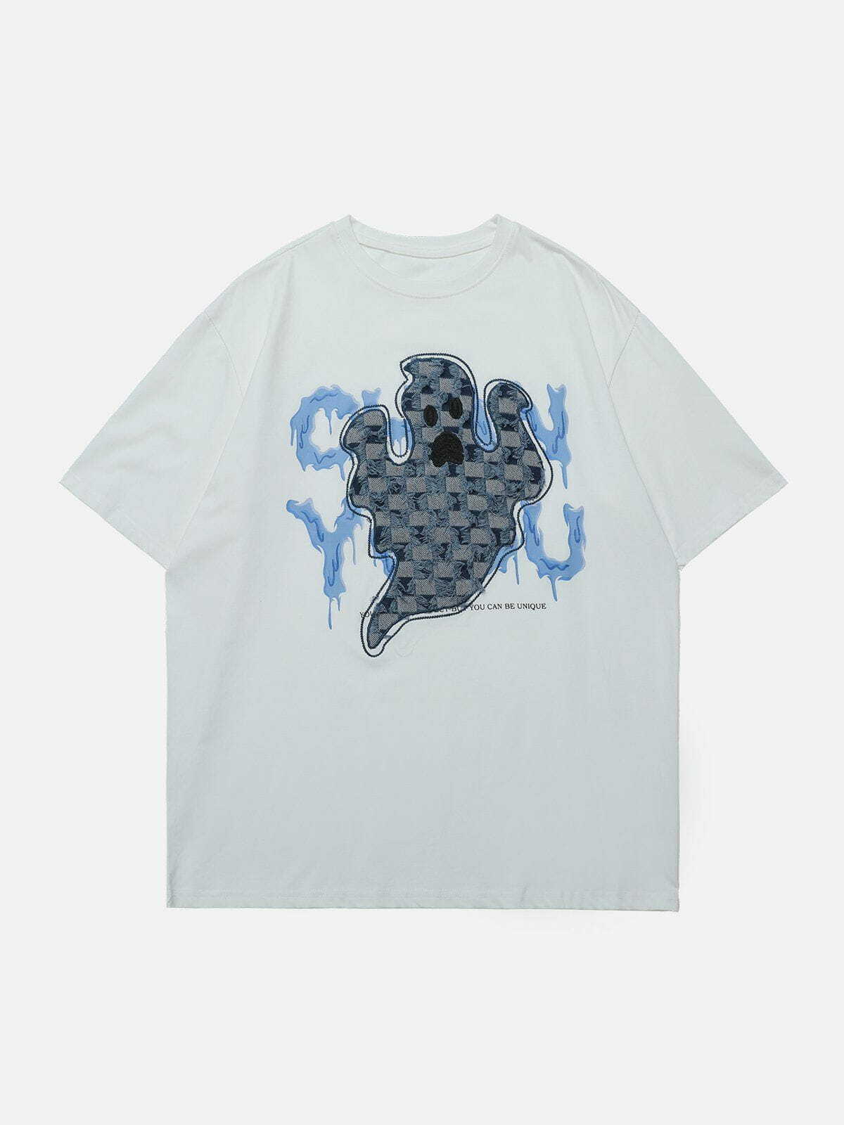 Y2K Ghost Applique Denim Tee - Retro Grunge Top for Summer & 90s Party Outfits